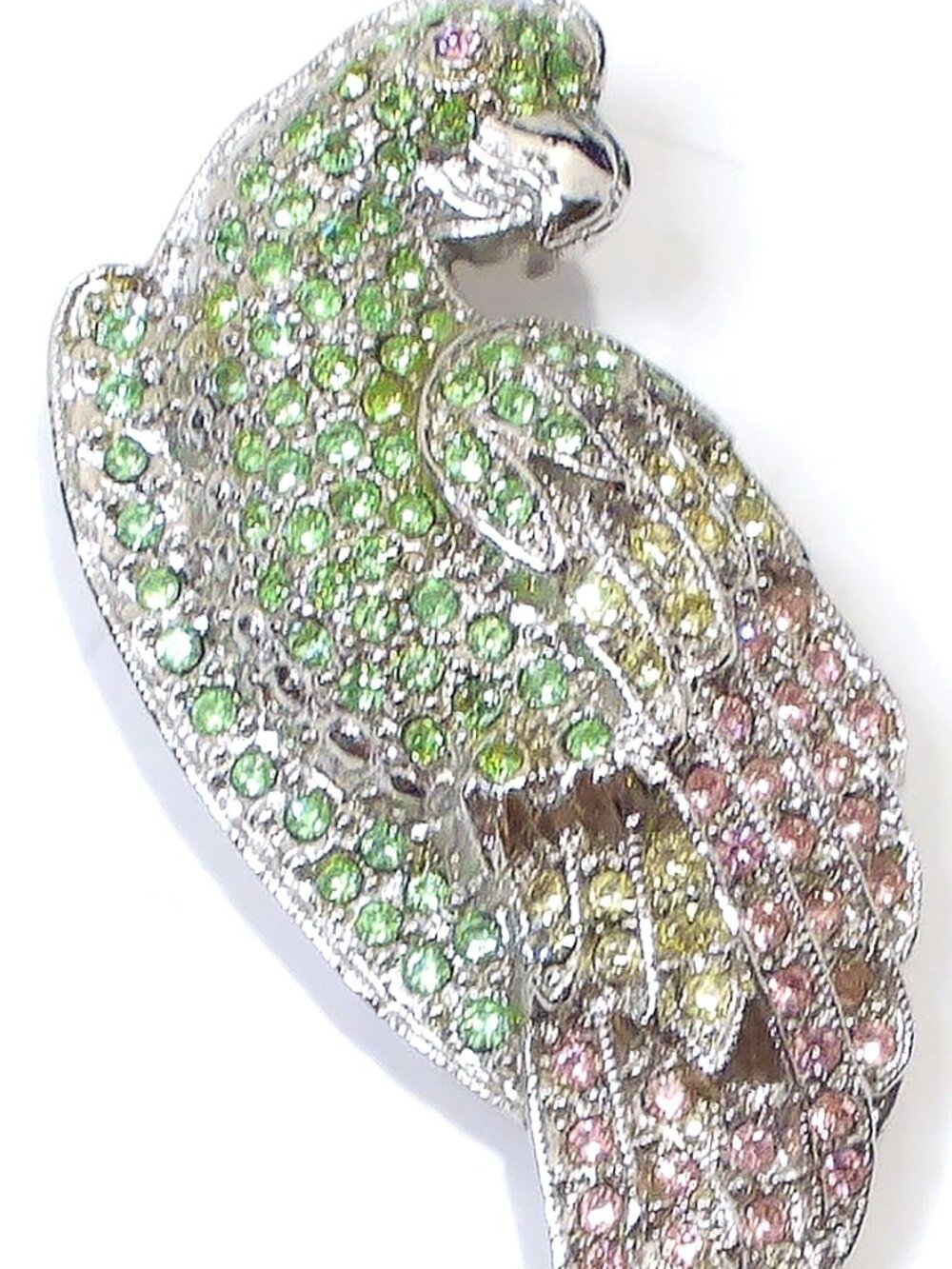 1928 Collection, Pink and Green Vaseline Uranium Glass Parrot Brooch. Vintage